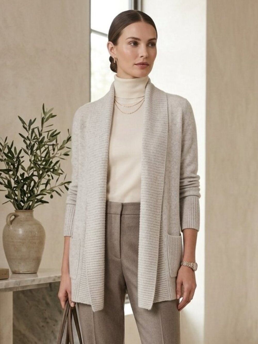 Saks Fifth Avenue Cardigan Cashmere Sweater Womens Size Medium Gray Quiet Luxury
